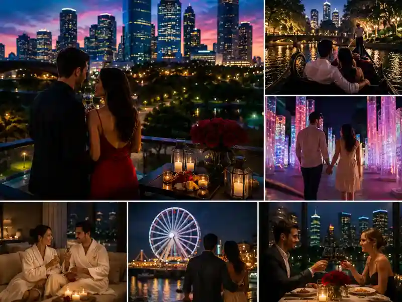 Romantic things to do in Houston for couples including rooftop dining, gondola rides, spa experiences, city nightlife, and luxury date night activities for honeymoon travelers